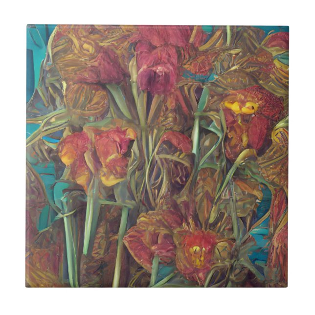 Blommor, surreal rosa grönt digital art kakelplatta (Framsidan)