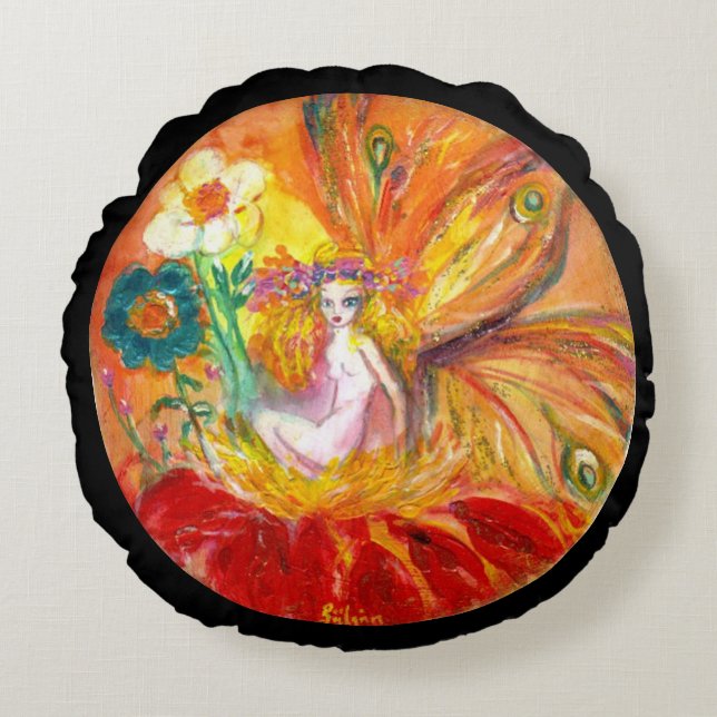 BLOMMOR, Svart Fantasy Rund Kudde (Framsidan)