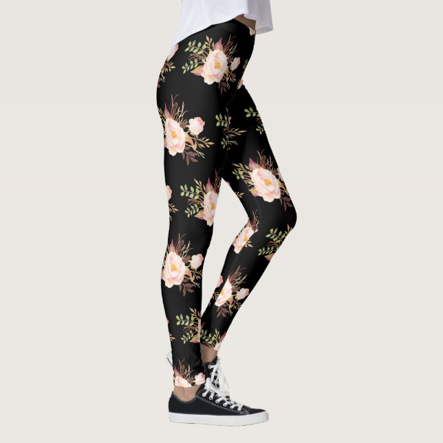  blommor, svart, Rosa, Mönster Leggings (Höger)