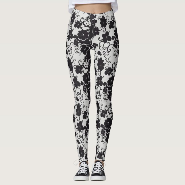 Blommor, svarta och vita leggings (Framsida)