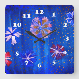 Blommor Teckning Blue Summer Square Wall Clock Fyrkantig Klocka