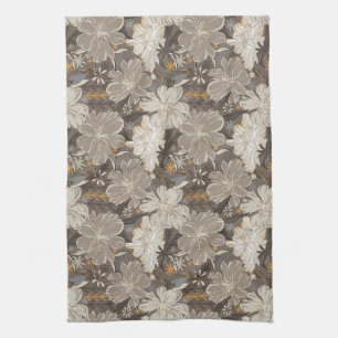 Blommor teckning-grått, vit, och färgtoner av tan kökshandduk