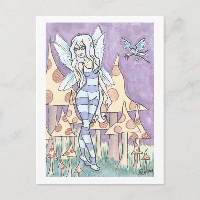 Blommor till Fae Fairy + Bird Fantasy Art Print Vykort (Framsida)