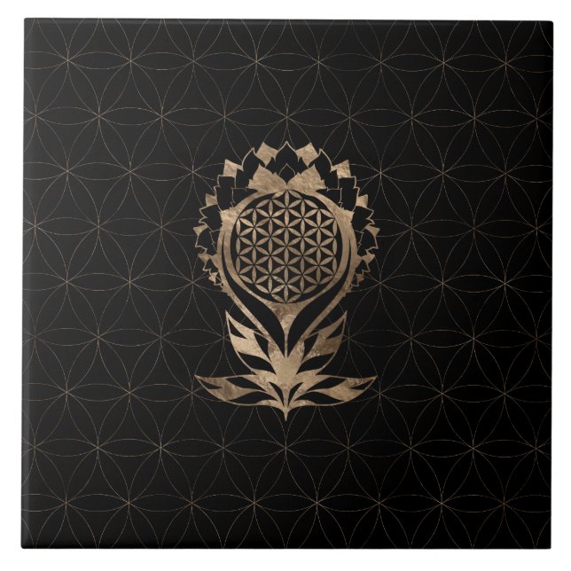 Blommor till Life Lotus - Black och Guld Kakelplatta (Framsidan)