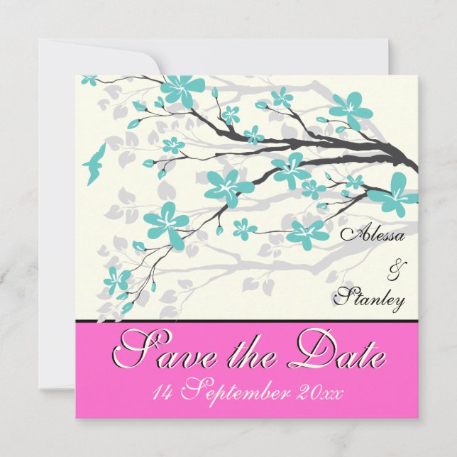 Blommor turkos, varmröd bröllops Save the Date Inbjudningar (Framsida)