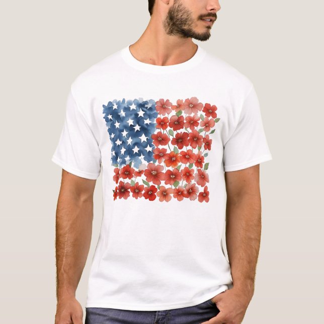 Blommor USA flagga Patriotic Fjärde 4:e july T Shirt (Framsida)