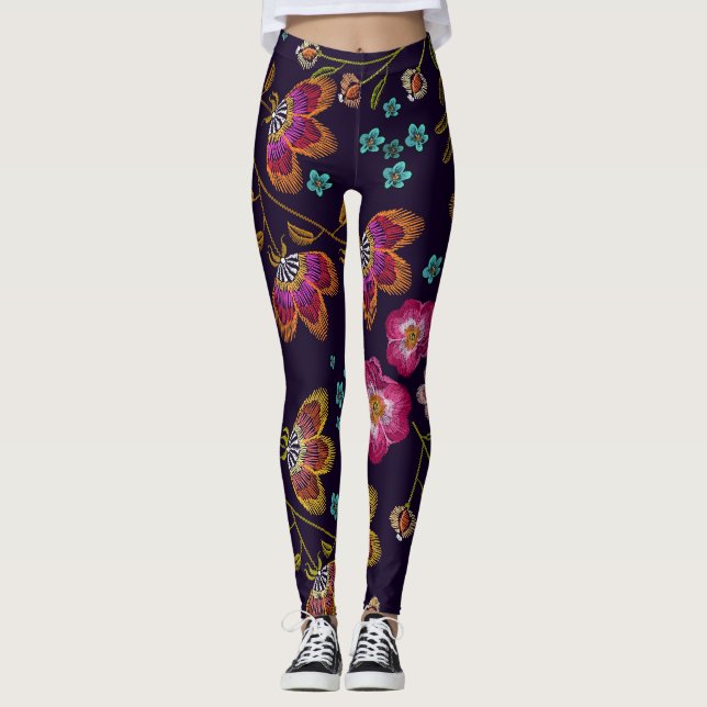 Blommor utan broderier: mode utan sömlös mönster leggings (Framsida)