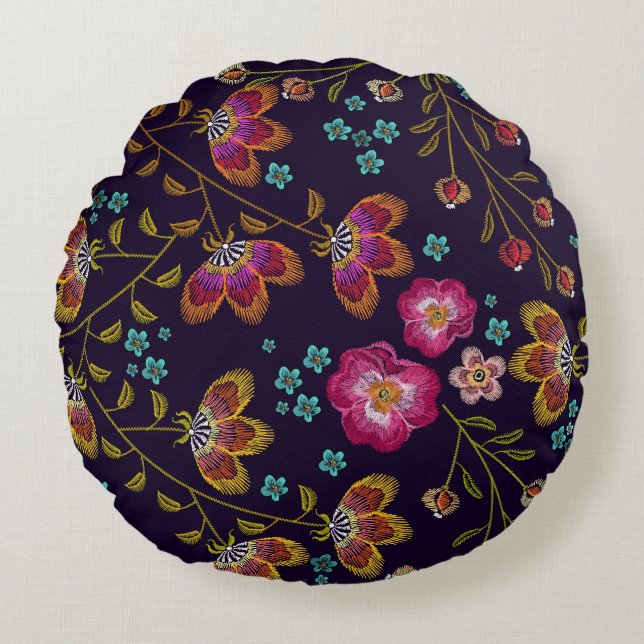 Blommor utan broderier: mode utan sömlös mönster rund kudde (Framsidan)