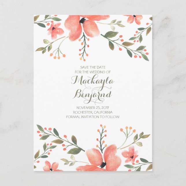 Blommor Vattenfärg Elegant Spara Datum Meddelande Vykort (Framsida)