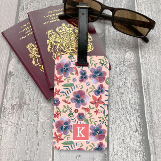 Blommor Violer blomstertryck med monogram Lug Bagagebricka
