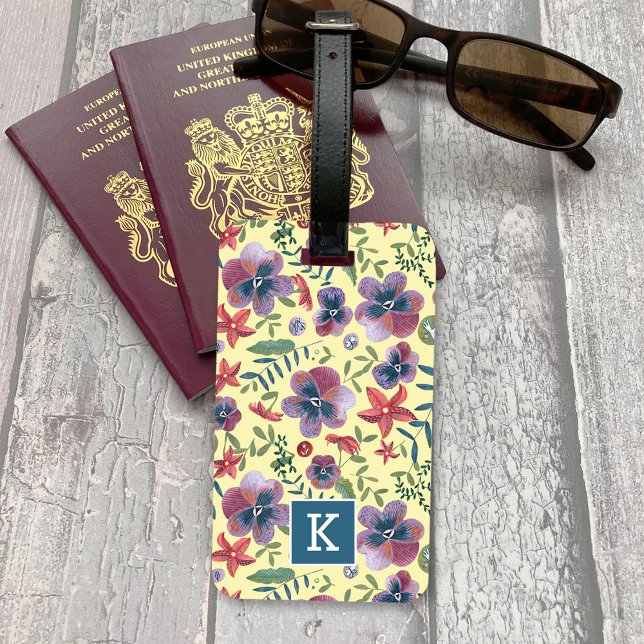 Blommor Violets blommigt - allt-över-utskriftsmono Bagagebricka (Flowers Violets floral all-over print monogram Lug Luggage Tag)