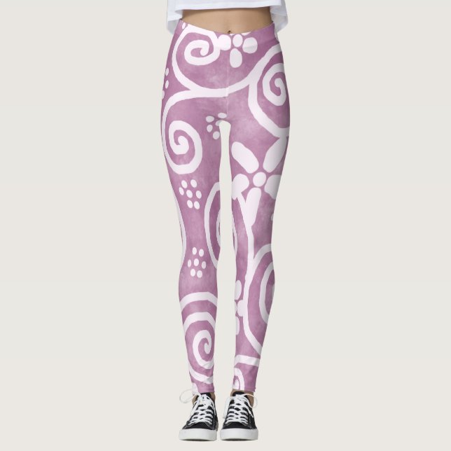 Blommor Virvlar Dammtrosa Vitt Mönster Whimsical Leggings (Framsida)