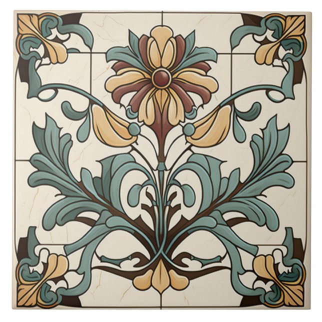 Blomplattan - keramiska plattan Art nouveau stil Kakelplatta (Framsidan)