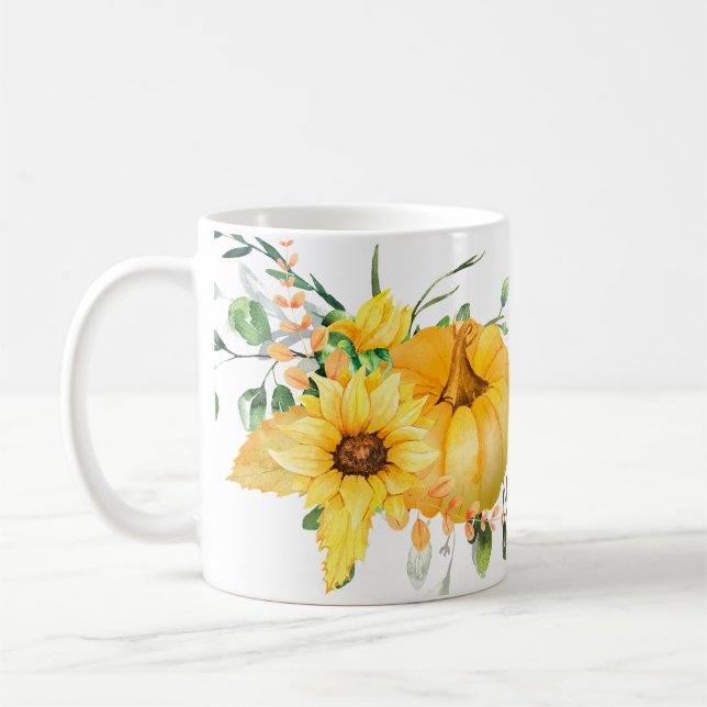 Blompumpa, solblommor och grön kaffemugg (Vänster)