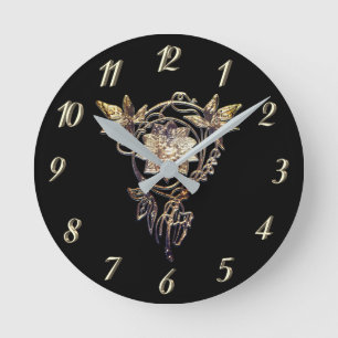 Blomsjevel Victorian guld och svart art nouveau Rund Klocka