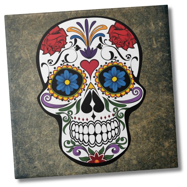 Blomsocker Skull Kakelplatta (Dia De Los Muertos Red Roses Sugar Skull Ceramic Tile)