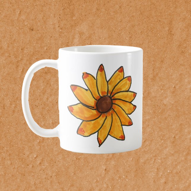 Blomsolros Gult Hand plockade Kaffemugg (A mug with a hand drawn yellow sunflower.)