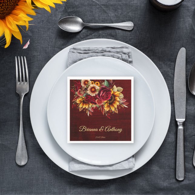 Blomsolrosburgundi bröllop i monogram tryckt pappersservett (Fall sunflower wedding burgundy monogram printed napkins template personalized sunflower tableware)