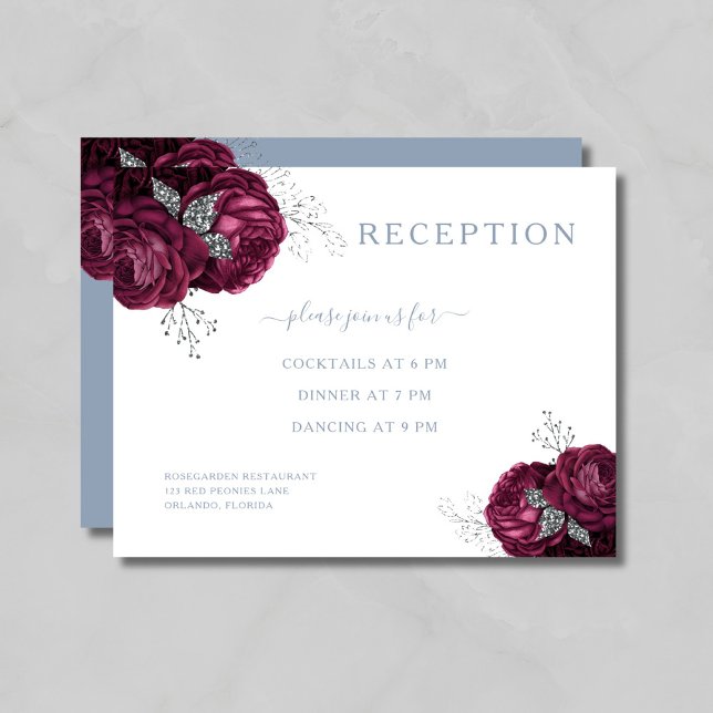 Blomst Dusty Blue Burgundy Bröllopsmottagning Tilläggskort (Floral Dusty Blue Burgundy Wedding Reception Enclosure Card)