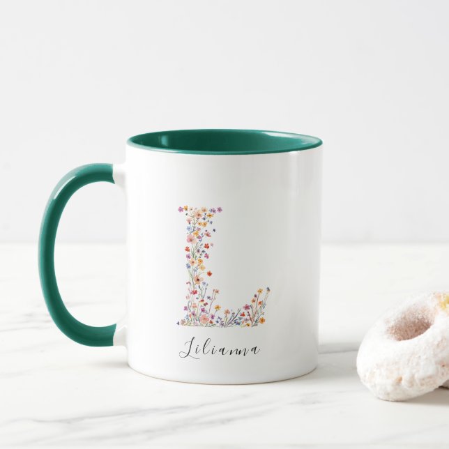 Blomster Akvarell Bokstav L Monogram & Anpassat Na Mugg (Med munk)