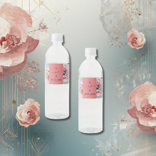 Blomster akvarell ros bukett monogram bröllop vattenflaskor etikett