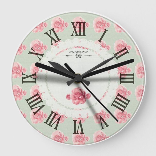 Blomster | Antique Rosa ros | Retro Roman Numeral Stor Klocka (Framsida)