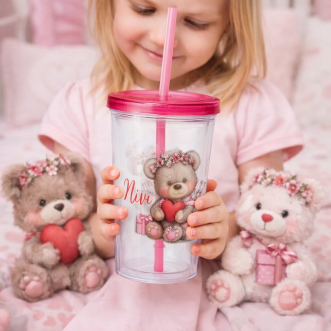 Blomster Björn som håller hjärta Take Away Mugg (Skapare uppladdad)