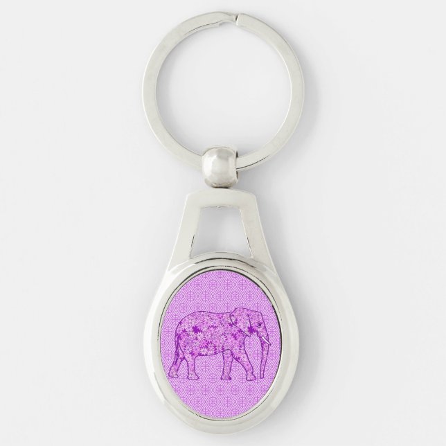 Blomster elefant - ametist lila ovalt silverfärgad nyckelring (Framsidan)