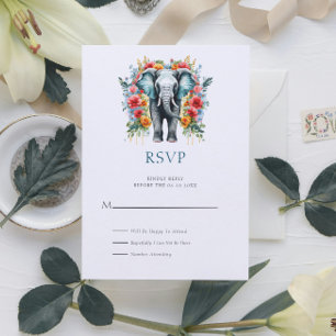 Blomster Elefant Bay Blå och Vit RSVP-kort Inbjudningar