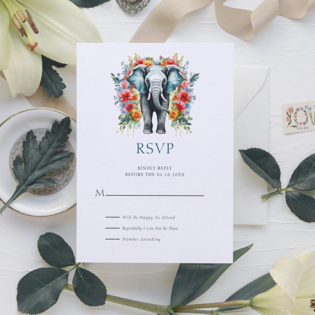 Blomster Elefant Bay Blå och Vit RSVP-kort Inbjudningar (Skapare uppladdad)