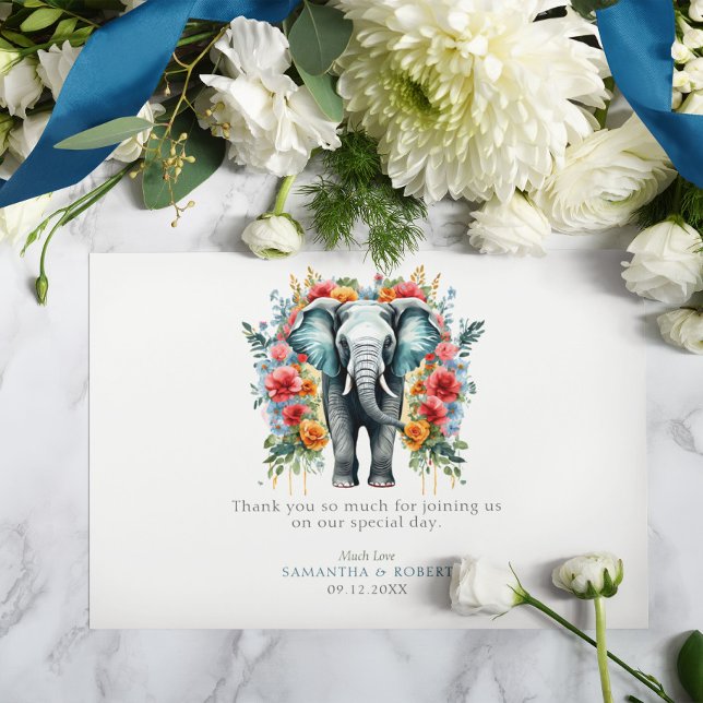 Blomster Elefant Baysblå och Vit Tack Kort (Skapare uppladdad)