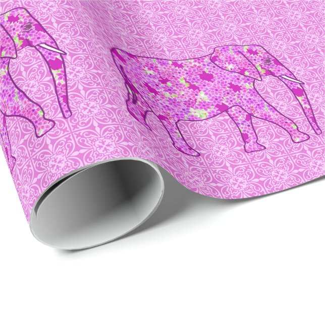 Blomster elefant - orkidé och magenta presentpapper (Rullad Hörn)