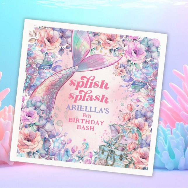 Blomster Glitter Mermaid Tail 8-års födelsedag Pappersservett (Skapare uppladdad)