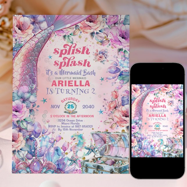 Blomster Glitter Sill Tail 2-års födelsedag  Inbjudningar (Skapare uppladdad)