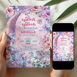 Blomster Glitter Sjungande Mermaid Tail 3-års föde Inbjudningar