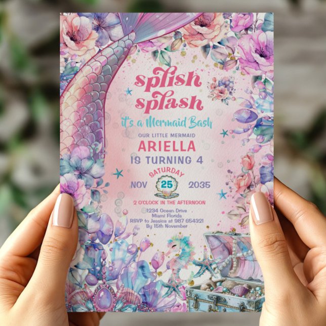 Blomster Glitter Sjungande Sjöstjärt Rosa och Lila Inbjudningar (Skapare uppladdad)