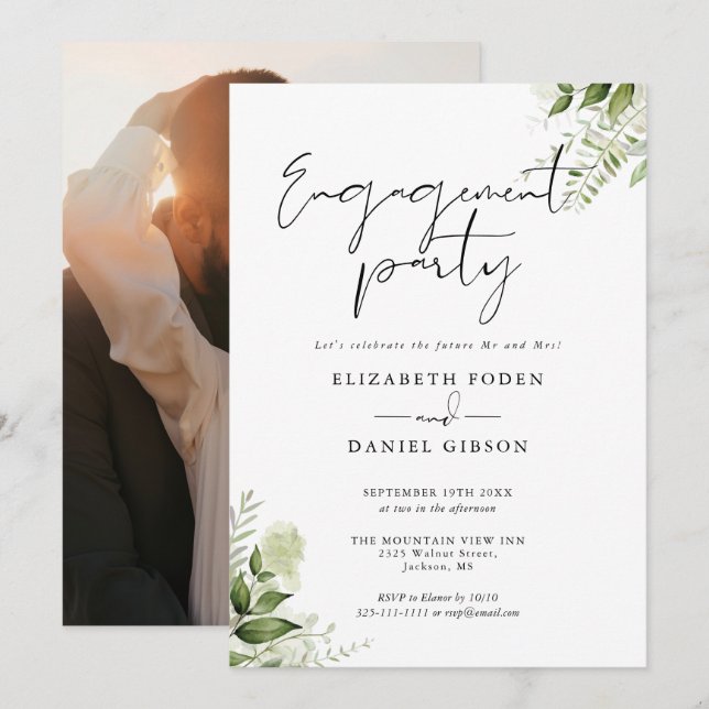 Blomster Grönska Skript Foto Förlovningsfest Inbjudningar (Fram/baksida)