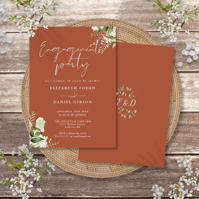 Blomster Grönska Terrakotta Förlovningsfest Inbjudningar (Floral Greenery Terracotta Engagement Party Invitation)