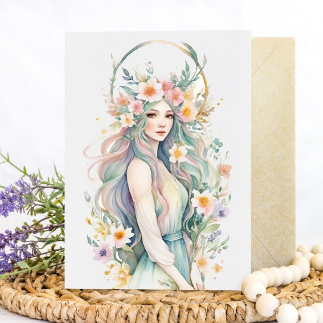 Blomster Gudinna Ostara Vårdagjämning Sabbat Kort (Flower Goddess Ostara Spring Equinox Sabbat Card by Pagan Holidays)