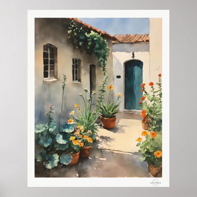 Blomster innergård duk, Turkos dörrträdgård Poster (Framsidan)