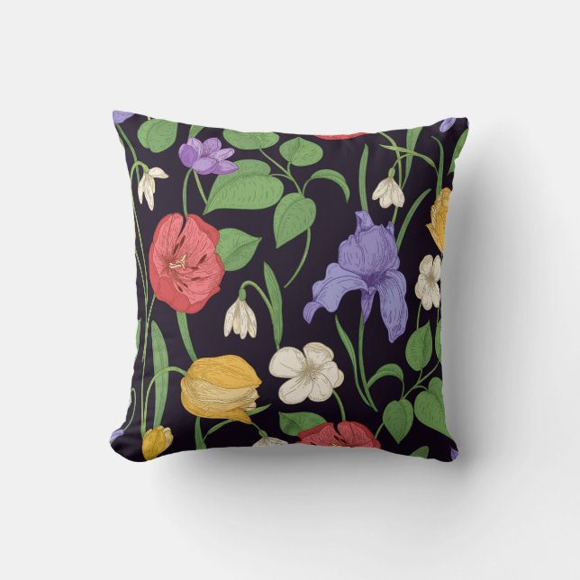 Blomster Iris Kudd Svart och Lavendel Botanisk Kudde (Framsida)