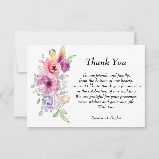 Blomster. Lila, violett och rosa vattenfärgblommor Tack Kort (Framsida)