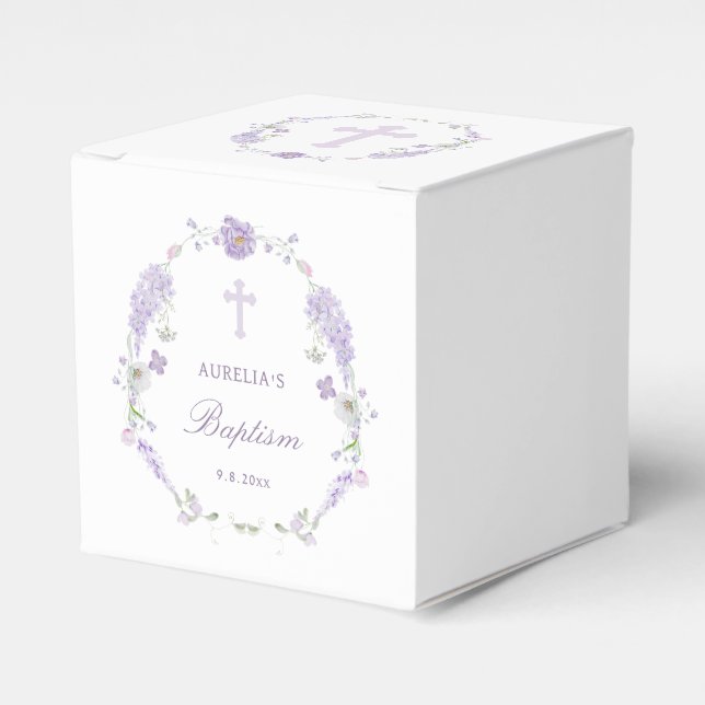 Blomster Lilafärg Lavendel Krans Dop Kube Presentaskar (Framsidan Sidan)