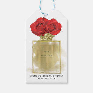 Blomster Mode Parfymflaska Röda Rosor Guld Glamour Presentetikett