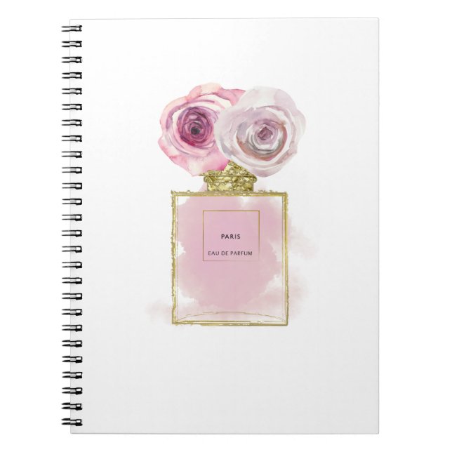 Blomster Mode Parfymflaska Rosa Rosor Guld Glamour Anteckningsbok (Framsidan)