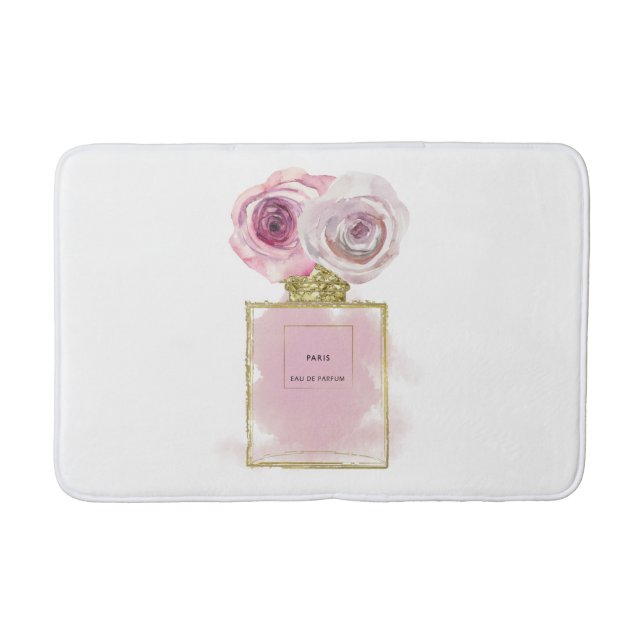 Blomster Mode Parfymflaska Rosa Rosor Guld Glamour Badrumsmatta (Framsidan)