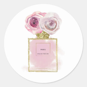 Blomster Mode Parfymflaska Rosa Rosor Guld Glamour Runt Klistermärke