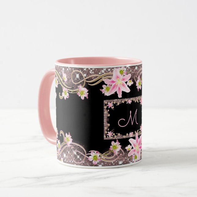 Blomster Monogram Svart Mugg (Framsida vänster)