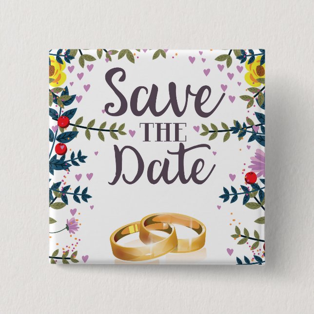 Blomster och vigselringar för Save the Date Knapp (Framsida)