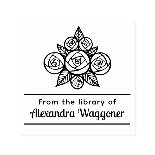 Blomster Rosbukett ”Från bibliotek av” Monogram Självfärgande Stämpel (Design)